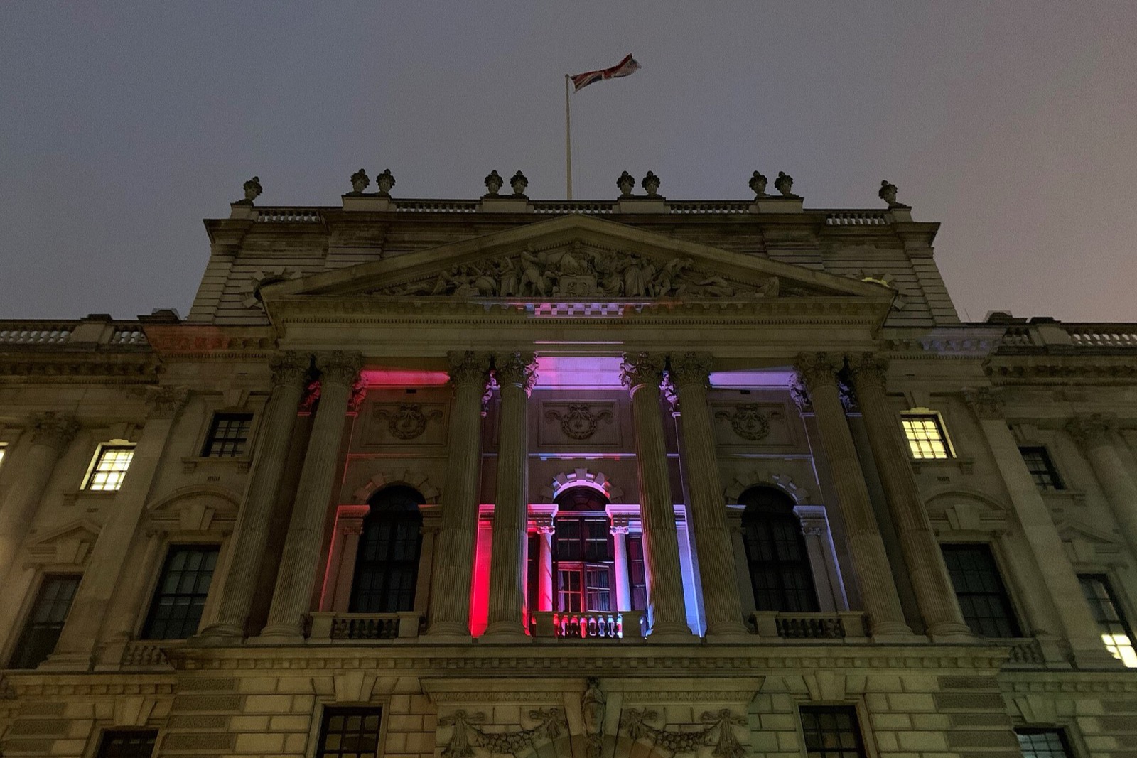 HM Revenue and Customs headquarters lit in red, white and blue